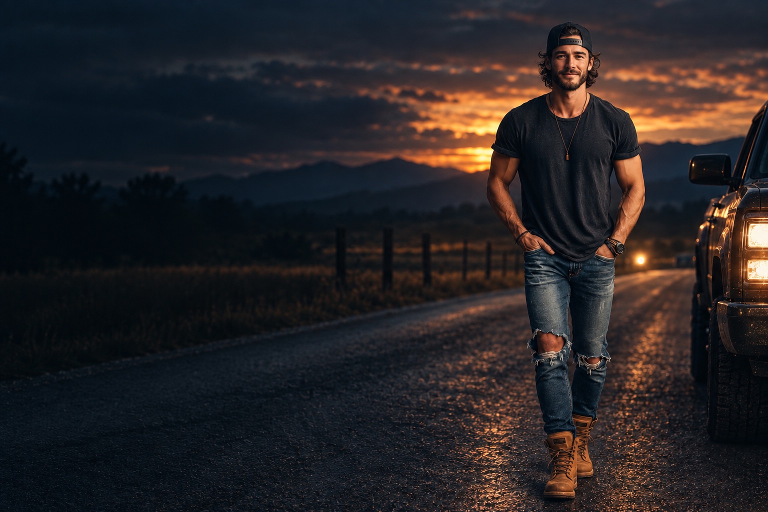 JB Emerson on a country road in the last light of the evening